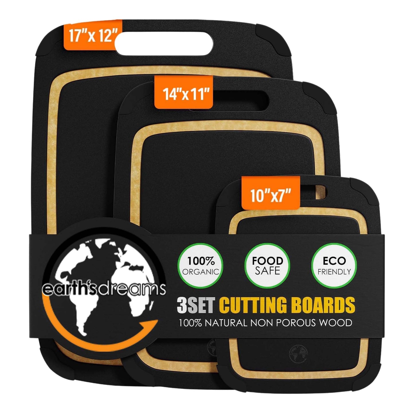 Earth's Dreams Composite Wood Cutting Board Set of 3 – Built In Juice Groove, Non-Toxic Cutting Boards for Kitchen – Large, Medium & Small Non-Slip Wood Charcuterie & Chopping Boards (Black/Tan)