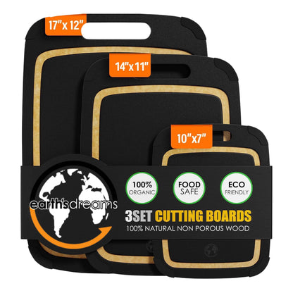 Earth's Dreams Composite Wood Cutting Board Set of 3 – Built In Juice Groove, Non-Toxic Cutting Boards for Kitchen – Large, Medium & Small Non-Slip Wood Charcuterie & Chopping Boards (Black/Tan)