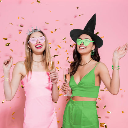 XunYee 48 Pcs Witch Theme Party Favor Supplies Pink and Green Velvet Hair Scrunchies Friendship Bracelets Sunglasses Bags 12 Set Neon Friendship Gifts for Fans Women Pink and Green Party Favors