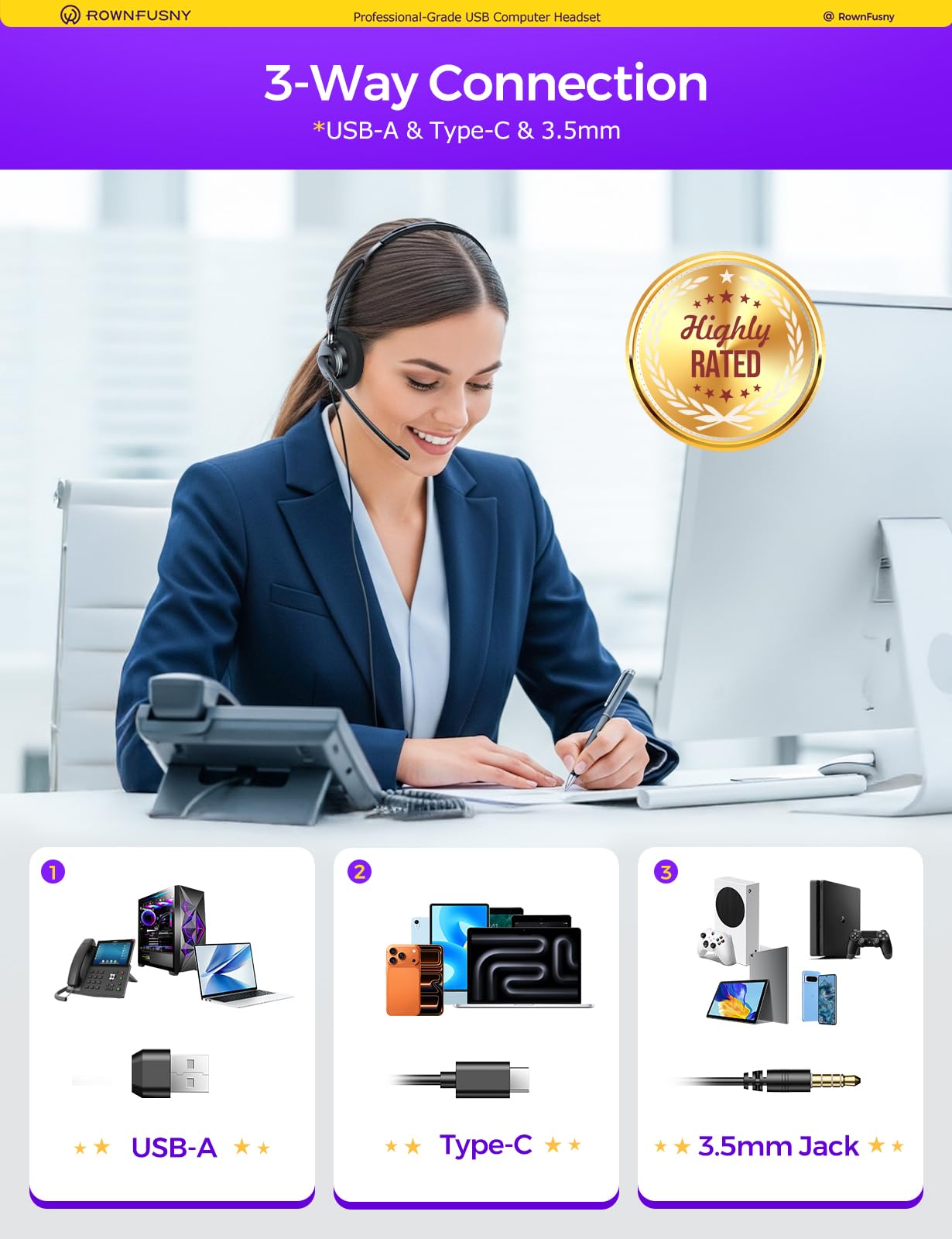 Rownfusny USB Headset with Microphone for PC, Computer Headset with Microphone Noise Canceling Mic for Laptop Call Center Wired Headset with Mic for Work Zoom Skype Teams from Office Home (Black)