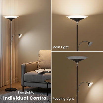 SIBRILLE Upgraded 2-in-1 Torchiere Floor Lamp, Dimmable Standing Lamp with Remote&Button Control, 34W Brightness Adjustable Floor Reading Light, Black Modern Corner Lamp for Living Room Bedroom Office