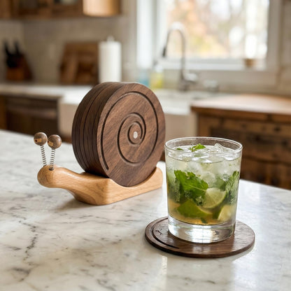 Snail Wooden Coaster Set - 6-Piece Handcrafted Walnut Drink Coasters with Magnetic & Holder - Rustic Table Decor for Home Bar, Cabin, Coffee Table & Housewarming Gifts