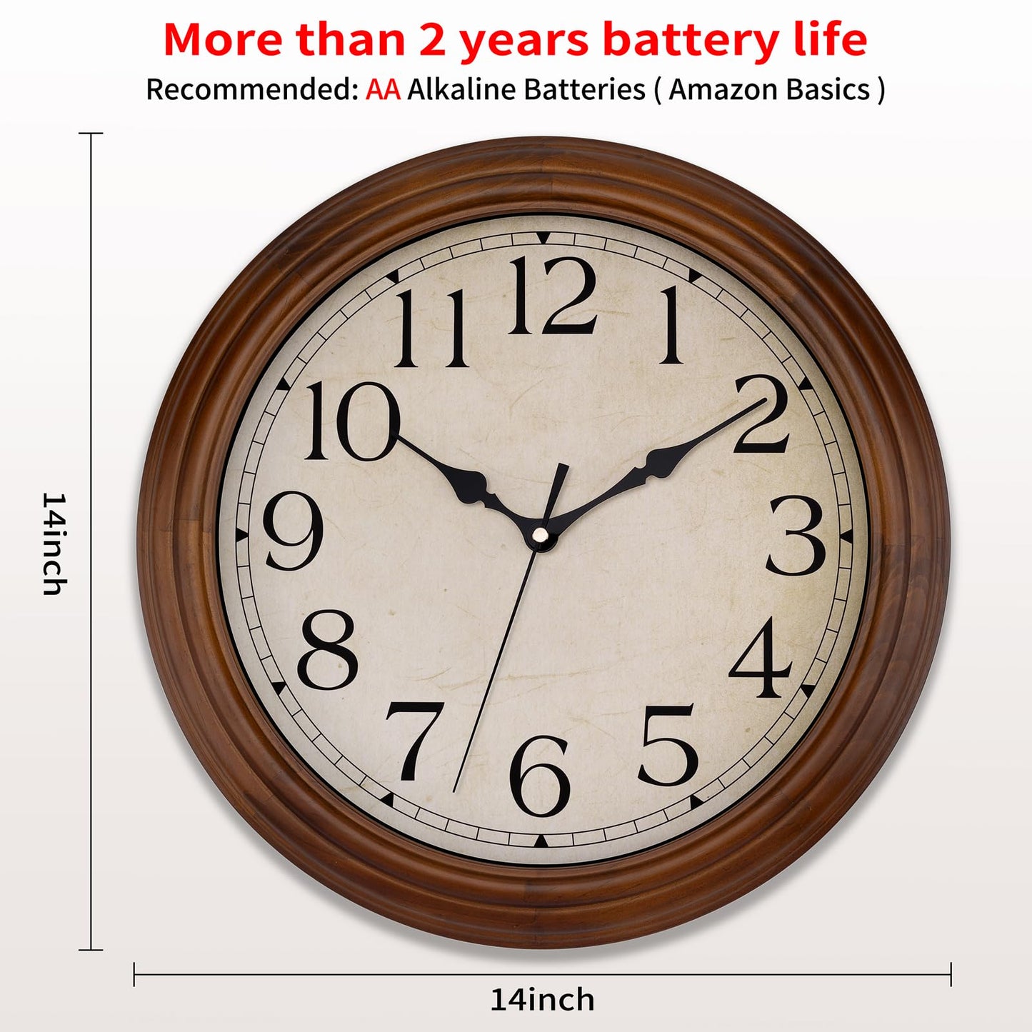 Foxtop Wood Wall Clock 14 Inch Silent Non-Ticking Battery Operated Large Retro Wooden Clock Decorative for Living Room Bedroom Kitchen Home Office
