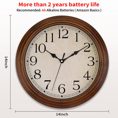 Foxtop Wood Wall Clock 14 Inch Silent Non-Ticking Battery Operated Large Retro Wooden Clock Decorative for Living Room Bedroom Kitchen Home Office