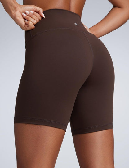 CRZ YOGA Butterbreeze Athletic Biker Shorts 6'' - High Waisted Workout Gym Volleyball Running Yoga Tummy Control Womens Hot Fudge Brown Medium