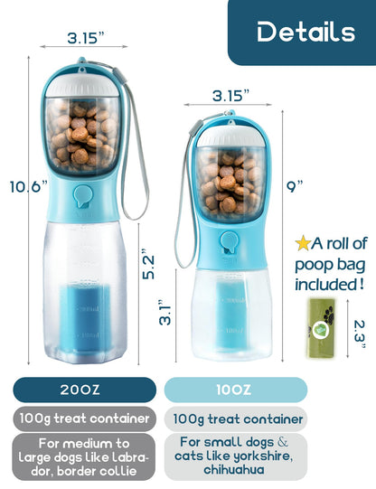 MoonyMars Portable Water Bottle for Dogs, 3 in 1 Pet Travel Bowl Dispenser with Food Treat Container & Poop Bag Holder, Summer Outdoor Walking Hiking Accessories for Large Dog On The Go - Blue, 20oz
