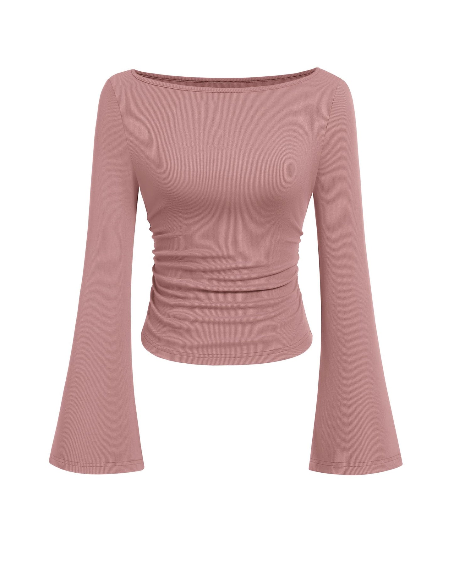 PRETTYGARDEN Women's Long Sleeve Shirts 2025 Fall Crop Going Out Tops Casual Boat Neck Bell Sleeve Ribbed Ruched Y2K Clothes