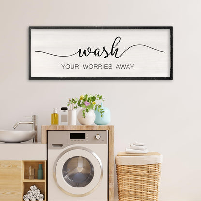 RLWangChao Farmhouse Laundry Room Wall Decor Wash Your Worries Away Sign 32×12 Inch Bathroom Inspirational Quote for Shower Room above the Bathtub Wooden Framed Minimalist Wall Hanging Art (Black)