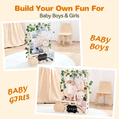 8 In 1 Wooden Baby Shower Crate Closet, Baby Basket with Handle Footprint Kit for Baby Shower Gifts, Baby Shower Wooden Gift Crate, Baby Personailzed Basket for Pregnancy New Parent
