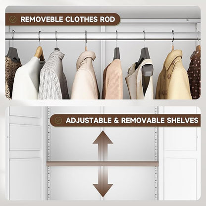 Letaya Metal Armoire Wardrobe Closet with 2 Drawers,18" Deep Clothing Storage Cabinet with Doors and Shelves,Coat Closet with Hanging Rod,Bedroom,Home,Cloak Room,White