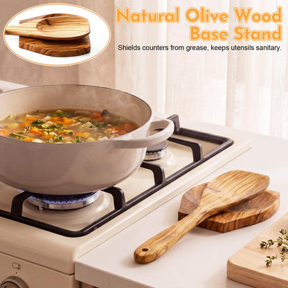 6 Pcs 12in Olive Wood Cooking Utensils Set Wooden Kitchen Utensil with Olive Spoons Spatulas Spoon Holder and Storage Container for Cooking Baking Meal Birthday Anniversary Housewarming Gifts