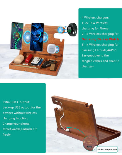 Desk Organizer with 4 Wireless Charging Station for Samsung Devices,27W Dual Wireless Charger Fast Charging for 2 Phones,Galaxy Watch 7/6/5/4/3/2,TWS Box,Wood Phone Docking Station,Gifts for Men Dad