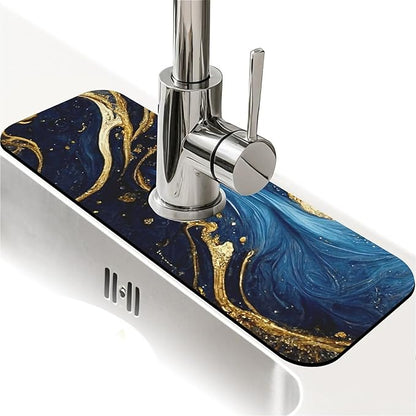 Kitchen Sink Splash Guard，Blue and gold marble texture Faucet Mat Sink