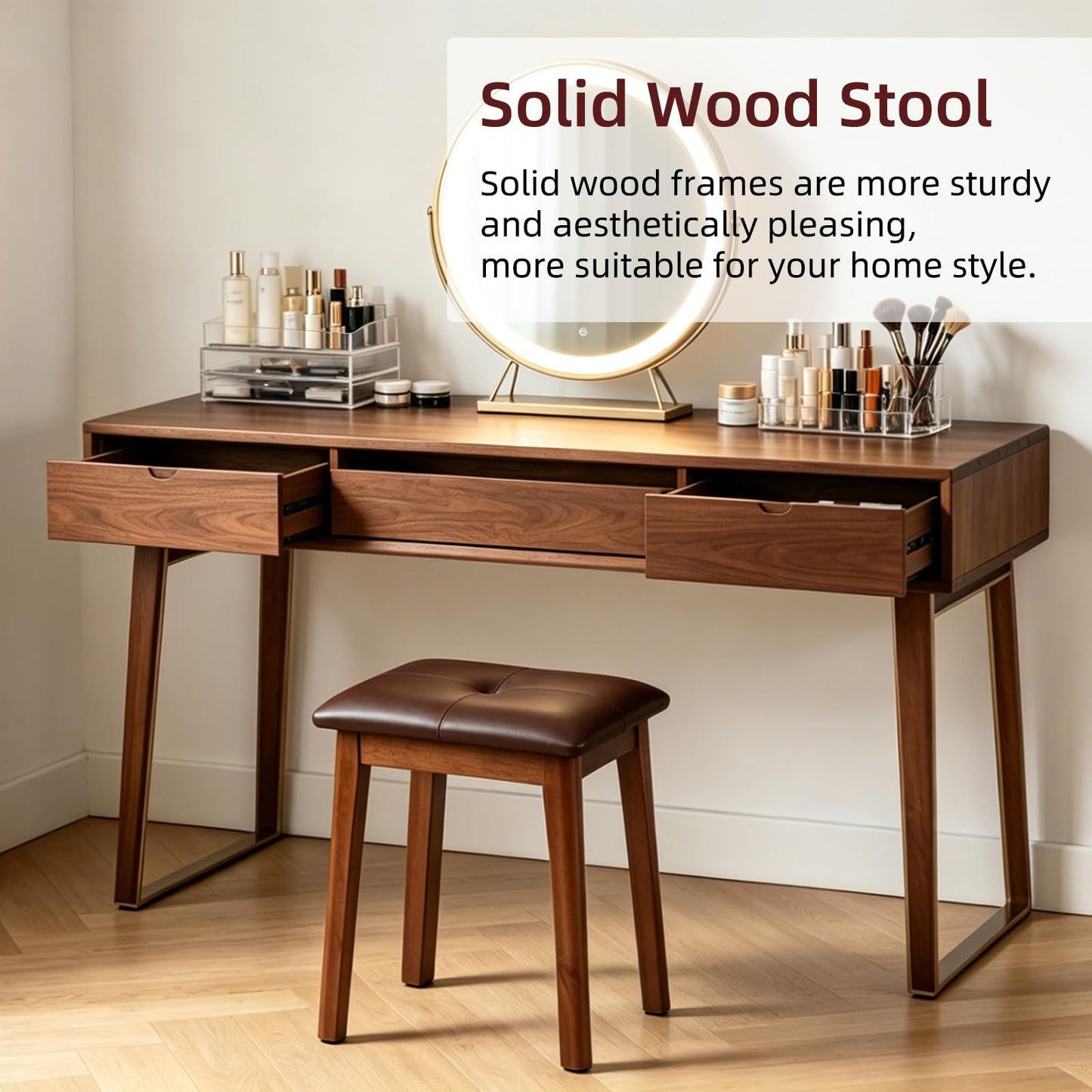 YETEYOW Solid Wood Vanity Stool with Cushion, 11" D x 15" W x 18" H - Small Wooden Ottoman Bench Chair Padded Seat for Bedroom/Living Room/Office/Makeup Vanity/Closet/Desk - Brown
