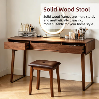 YETEYOW Solid Wood Vanity Stool with Cushion, 11" D x 15" W x 18" H - Small Wooden Ottoman Bench Chair Padded Seat for Bedroom/Living Room/Office/Makeup Vanity/Closet/Desk - Brown