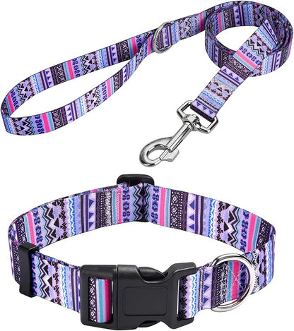 MarukoPet Dog Collar and Leash Set, Adjustable for Small Medium Large Dogs Puppy, Cute Design with Bohemia Floral Tribal Geometric Patterns Boys Girls Dog Collar(Purple Bohemia Set,XS)