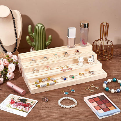 NBEADS 4-Tier Wood Jewelry Display Stand, Wooden Earring Organizer Holder with Grooves Jewelry Showcase Rack for Rings Earring Display Photo Home Decorations