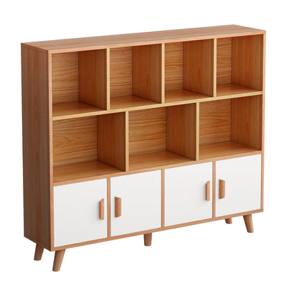 OSCHF Cubby Shelf Bookcase with Doors - Wooden 11 Cube Floor Standing Open Bookshelf with Solid Wood Legs, 3-Tier Storage Cabinet, Oak and Warm White