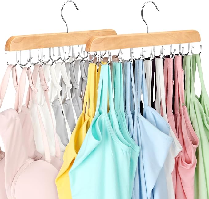 Bra Hanger for Closet, Tank Top Organizer 20 Hooks Capacity Foldable Wood Space