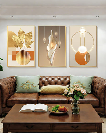 Azartslr Large Framed Modern Rose Gold Wall Art, Luxury 3 Pieces Aluminum Alloy Wall Decor for Living Room, Abstract Gold and Beige Home Bedroom Art Painting, Geometric Crystal Porcelain Artwork Dining Room Pictures Decoration 12x16in