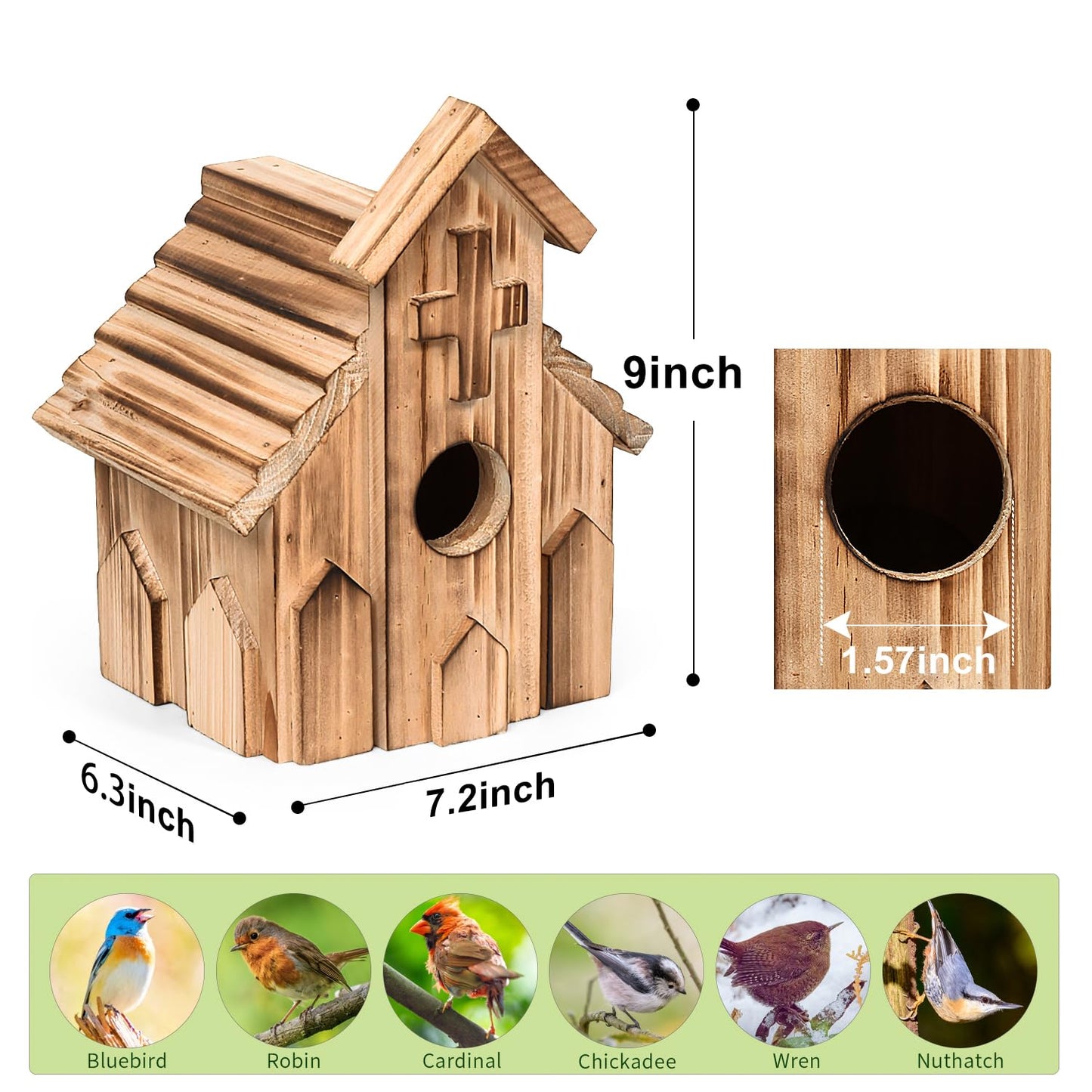 NATUREYLWL Church-Shaped Wooden Birdhouses, Cross Design Bird Houses for Outside, Hanging Birdhouse for Bluebird, Robin, Cardinal, Sparrow, and Finch, Bird Nesting Box for Outdoor Garden Decoration