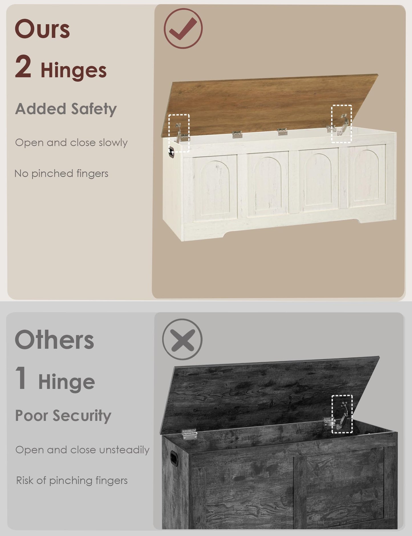 DINZI LVJ Storage Chest, 50” Extra Large Storage Bench with 2 Safety Hinges, Farmhouse Wooden Toy Box with Flip-Top, Large Trunk for Living Room, Playroom, Easy Assembly, Honey Brown and Rustic White