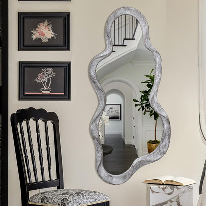 Lzuso Irregular Wooden Framed Wall Mirror Modern Asymmetrical Unique Hanging Mirror Artistic Unique Cloud Shape Wall Decor Bathroom Vanity Bedroom Living Room Entryway Hallway Large 47" x 22"