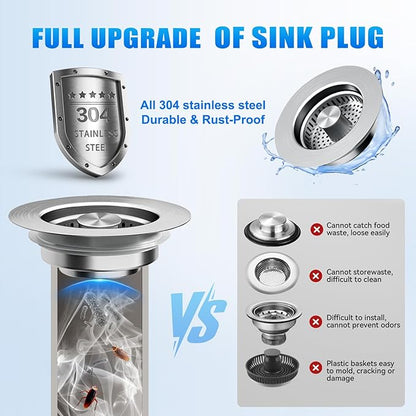 Kitchen Sink Drain Strainer 3-in-1, Pop-Up Stopper & Anti-Clogging Basket