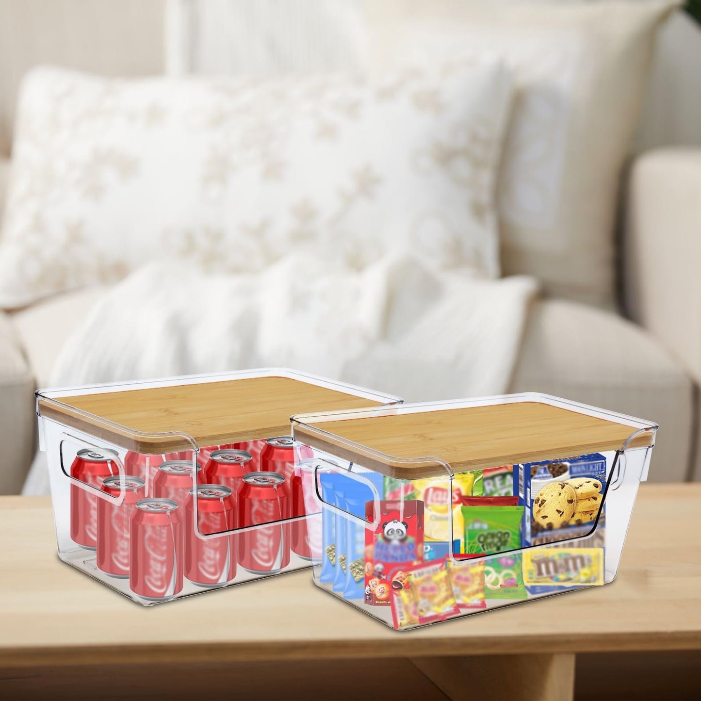 Yomjarl 2 Pack Snack Station Organizer for Pantry Shelf,Snack Bar Station Storage Basket with Handle & Wooden Lid,Stackable Plastic Baskets for Storage Pantry Bins Organizer,Kitchen Organization Box