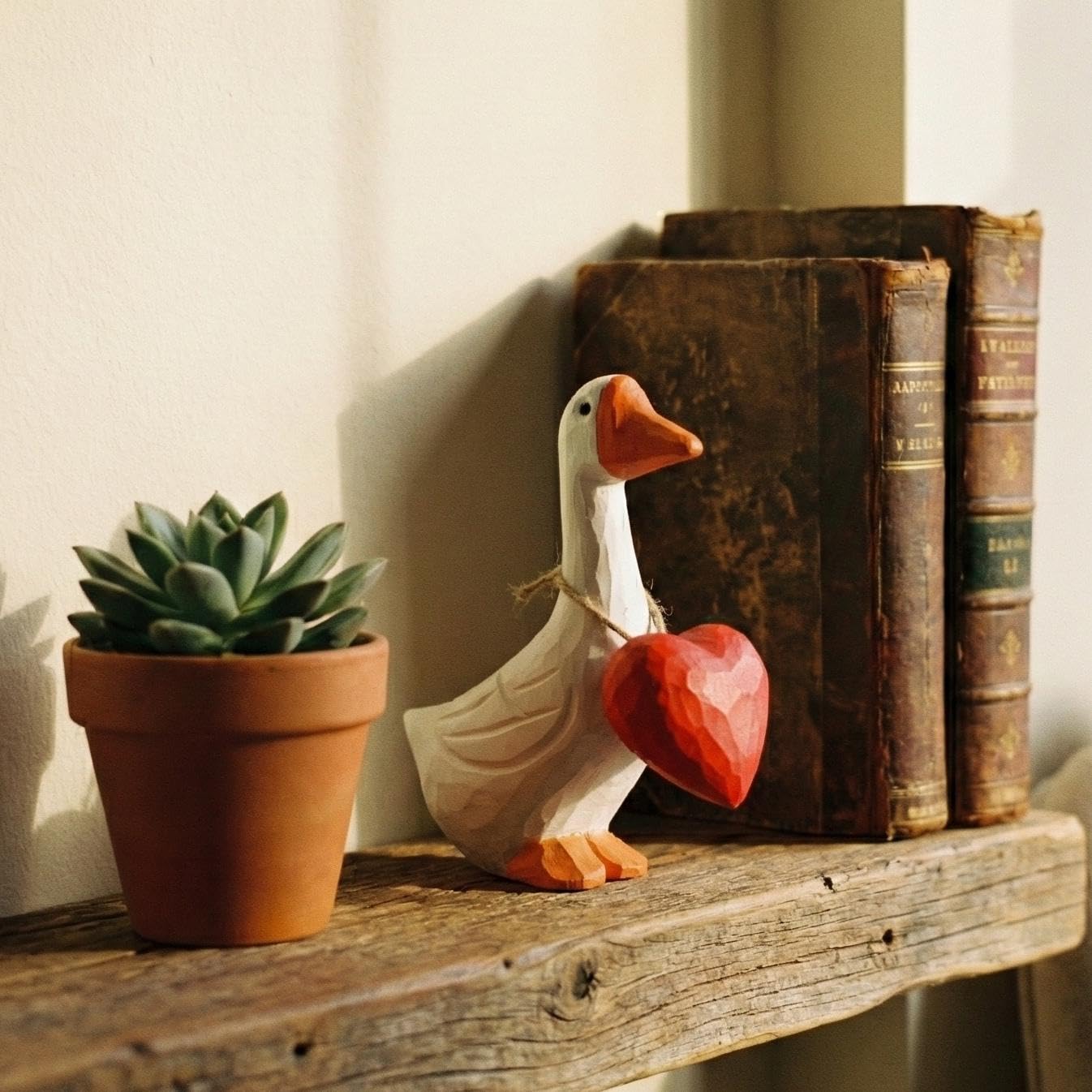 Hand Carved Wooden Goose Figurine with Red Heart - 4 Inch Cute Animal Statue for Home Decor, Shelf, Nightstand - Unique Valentine’s Day for Her, Wife, Girlfriend - Rustic Accent