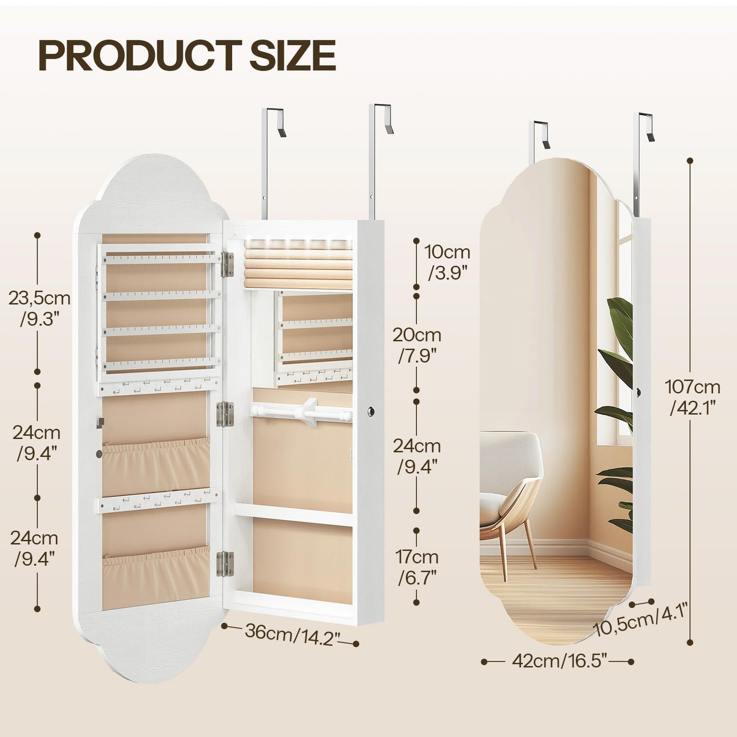 HOOBRO Jewelry Box for Women and Wide Jewelry Cabinet, Jewelry Organizer Box, LED Jewelry Organizer Wall/Door Mounted, 6-Tier Wooden Jewelry Box, Hanging Jewelry Cabinet Mirror, BH12JB04-WT03JC04