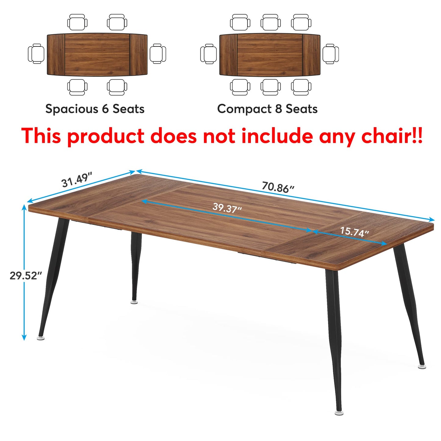 Tribesigns 6FT Conference Table, Rectangular Meeting Room Tables, Modern Industrial Seminar Table Boardroom Desk with Metal Legs for Office, 70.8’’ L x 31.5’’ W x 29.5’’ H (Brown and Black)