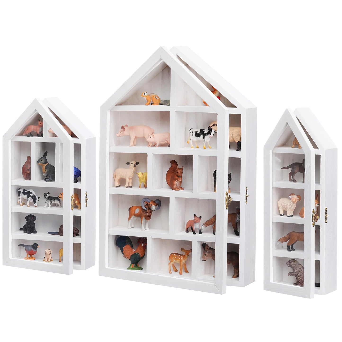 DoubleFill Set of 3 Wooden Shadow Box Frame with Shelves Large Trinket Shelf Display Cases Wall Mounted for Mini Figures Curio Cabinet Medals Wedding Bouquet Photos(White,House Shape)