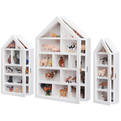 DoubleFill Set of 3 Wooden Shadow Box Frame with Shelves Large Trinket Shelf Display Cases Wall Mounted for Mini Figures Curio Cabinet Medals Wedding Bouquet Photos(White,House Shape)