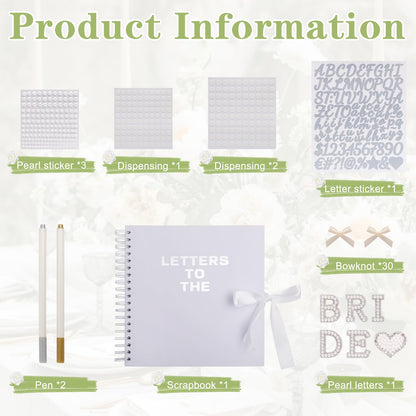 BINBE 8 x 8 Inch Letters to The Bride Scrapbook Kit DIY Blank Paper Scrapbook Photo Album Wedding Memory Book Bridal Guest Book Sign with Pearl Stickers, Letter Patches, Bows White