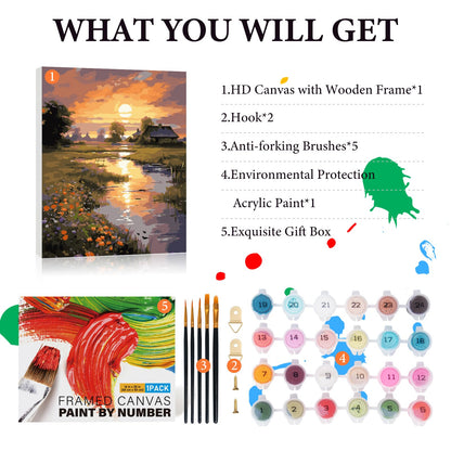 Fountor Framed Paint by Numbers Kit for Adults Beginner, Countryside Sunset Adult Paint by Number Kits on Canvas, Riverside Cabin Oil Painting by Numbers for Home Decor Gift 16” W x 20”L