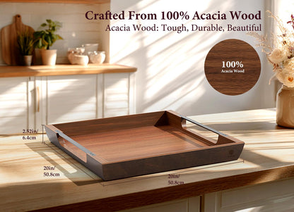 DOFIRA Large Ottoman Tray: 20" Square Acacia Wood Serving Tray with Metal Handles - Extra Large Decorative Tray for Coffee Table, Breakfast in Bed, Charcuterie, Living Room & Party