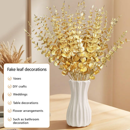 ABYCZFCD 50 Pcs Gold Flowers Gold Eucalyptus Leaves Stems 15'' Faux Eucalyptus Leaves Decor Fake for Wedding Party Bouquet House Home Farmhouse Vase DIY Craft