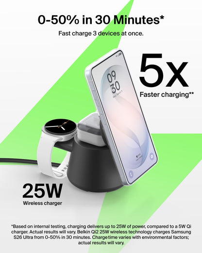 Belkin 3-in-1 Wireless Charging Station for Samsung Galaxy S26, Android - Qi2.2 25W Magnetic Charger for Pixel 10, iPhone 17, USB C Port for Galaxy, Pixel, & Apple Watch (Watch Charger Not Included)