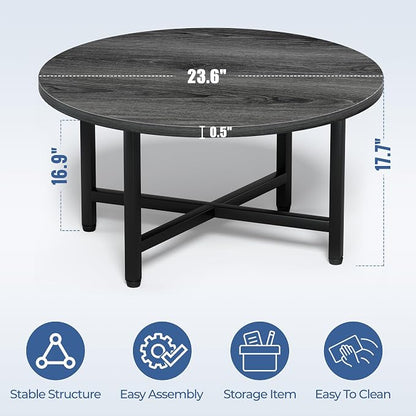 Coffee Table, 23.6" Small Coffee Tables, Gray Round Coffee Tables for Living Room, Floor Table for Sitting on The Floor, Center Coffee Table with Metal Frame for Office Apartment Home