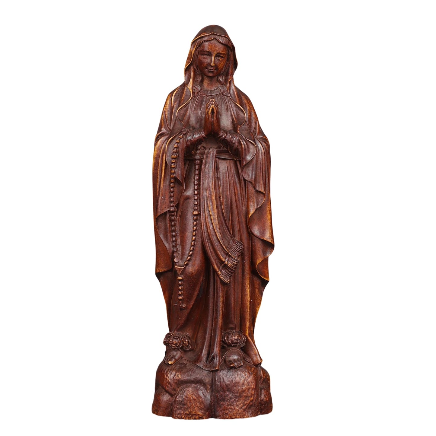 ASTARIKO Boxwood Our Lady of Lourdes Statue - 6" Hand-Carved Wooden Blessed Mother Virgin Mary Figurine with Rosary, Catholic Home Decor & Premium Healing Religious Gifts