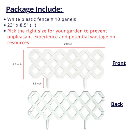LaLaGreen Garden Edging Border (23x8.5 Inch, 10 Pack) White Plastic Fence Panels, Landscape Edging for Yard Lawn Patio Pathways Trees, Decorative Flower Bed Borders Outdoor Style Decor