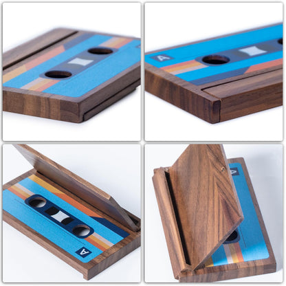 Wood Business Card Holder Case Cassette Shaped, Solid Walnut Wood Credit Card Holder Desk Wallet Personalized Nostalgia Unique Birthday Anniversary Christmas Gift for Husband Dad Friends Family Men