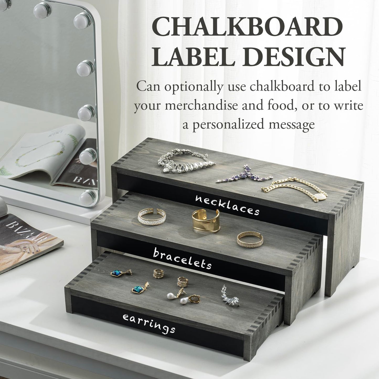 MyGift 3 Tier Wooden Display Risers, Cupcake Stand with Chalkboard Label Panels, 21 Inch Tabletop Nesting Dessert Stands, Gray Wood Retail and Merchandise Jewelry Perfume Candle Organizer Shelf