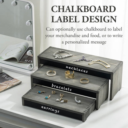MyGift 3 Tier Wooden Display Risers, Cupcake Stand with Chalkboard Label Panels, 21 Inch Tabletop Nesting Dessert Stands, Gray Wood Retail and Merchandise Jewelry Perfume Candle Organizer Shelf