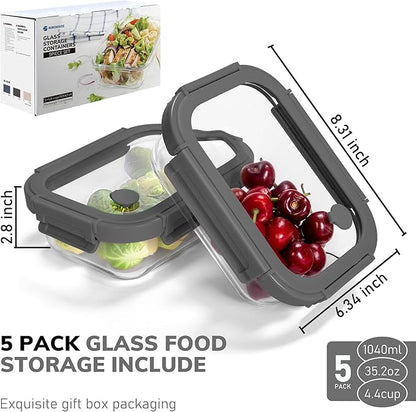 5-Pack Borosilicate Glass Containers with Tempered Glass Lids, 35.2oz/4.4 Cup Airtight Meal Prep Set, Microwave/Freezer Safe (Gray)
