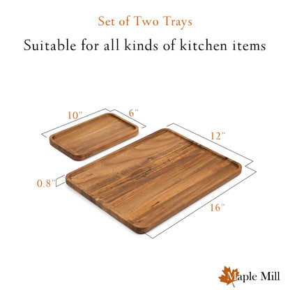 Maple Mill - Acacia Rectangle Wooden Tray - 2 Sizes 16" X 12" and 10" X 6" - Food Safe Serving Tray - Large & Small Wooden Trays Combination - Durable Wood Display Tray for Coffee Party or Home Decor