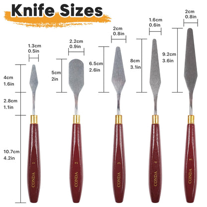 CONDA 5 Pcs Palette Knife Painting with 3 Plastic Scrapers, Stainless Steel Spatula Palette Knife Oil Paint Metal Knives Wood Handle