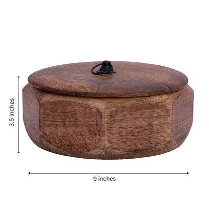 Handcrafted Wooden Mexican Tortilla Warmer Basket Indian Chapati Roti Bread Holder Box Pancake Keeper Serveware Hot Pot Casserole Dish With Lid Home Kitchen Dining Decor, Natural Brown, 9 x 3.5 Inches