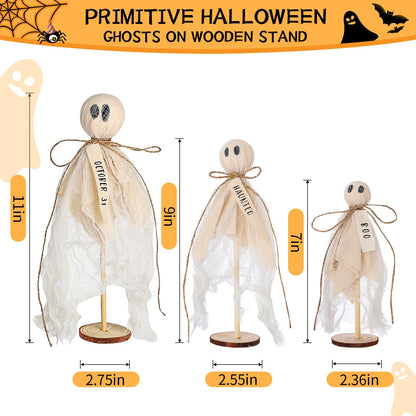 AMDBHC Summerween Decoration Halloween Decorations Indoor - 3 Set of Primitive Ghosts on Wooden Stand for Table Centerpieces Tiered Trays Shelves Mantels Home Halloween Décor